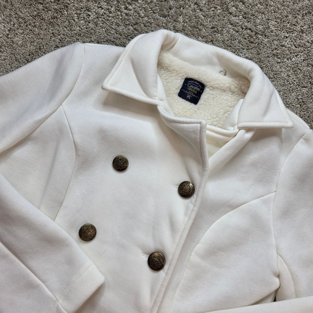 Cavalini Double Breasted Pea Coat Womens PL Ivory Sherpa Lined Crest Buttons